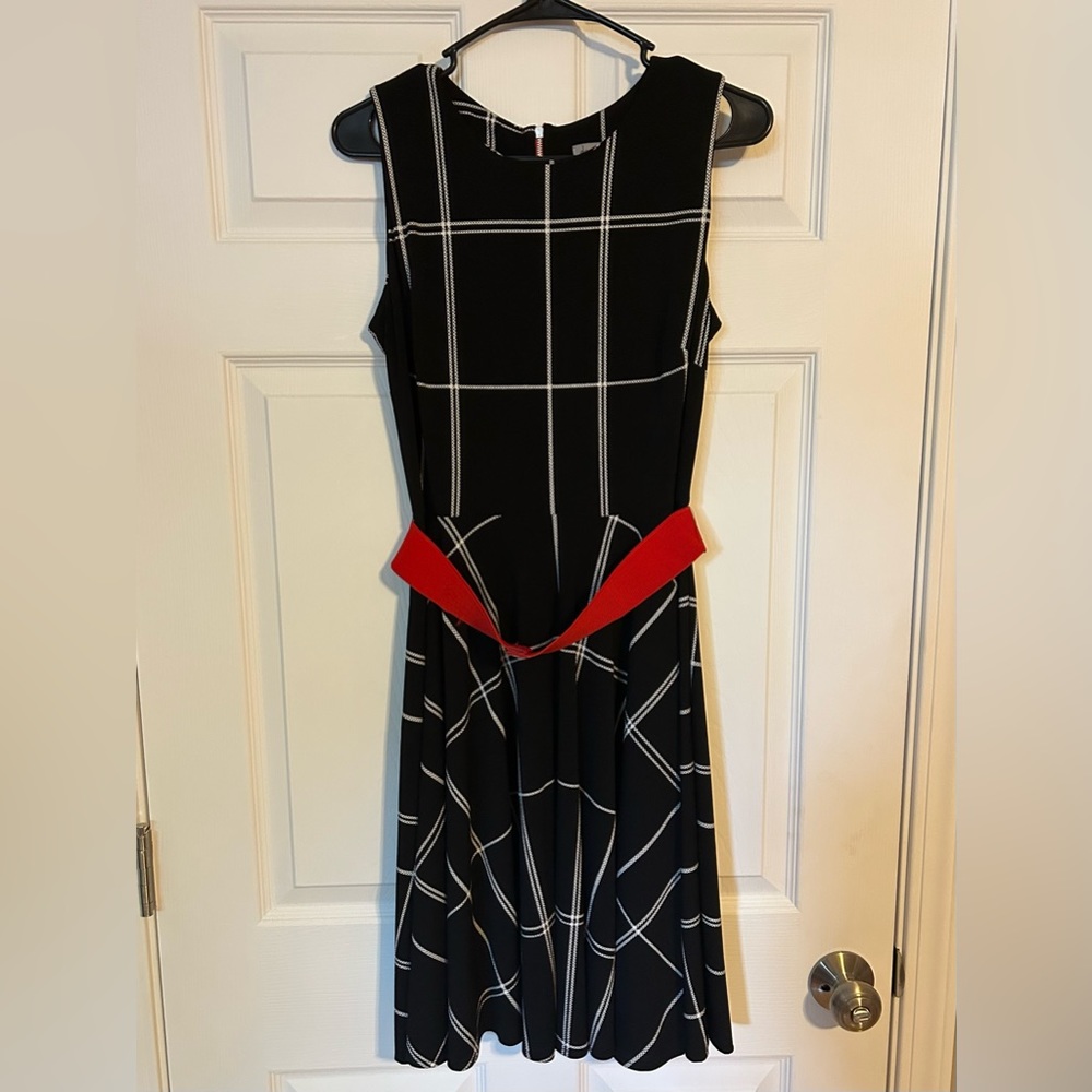 Black and white plaid dress with red belt (size 8)